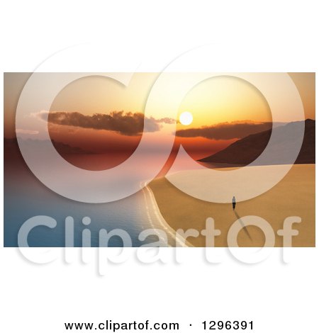 Clipart of a 3d Lone Woman Walking on a Beach at Sunset - Royalty Free Illustration by KJ Pargeter