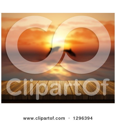 Clipart of a 3d Wooden Deck or Table with a View of Jumping Dolphins at Sunset - Royalty Free Illustration by KJ Pargeter