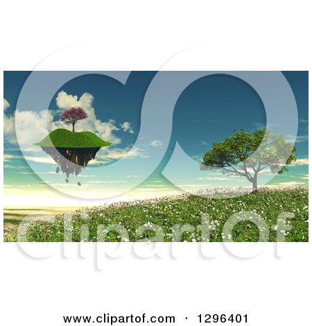 Clipart of a 3d Island Floatig over a Tree Landscape - Royalty Free Illustration by KJ Pargeter