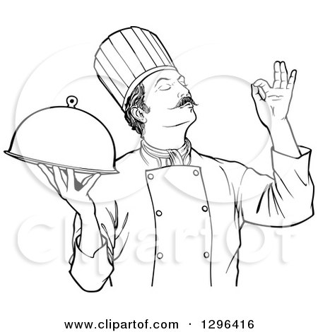 Clipart of a Black and White Male Chef Holding a Cloche Platter and Gesturing Ok - Royalty Free Vector Illustration by dero