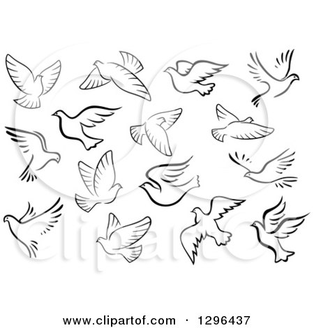 Clipart of Black and White Flying Dove Birds - Royalty Free Vector Illustration by Vector Tradition SM