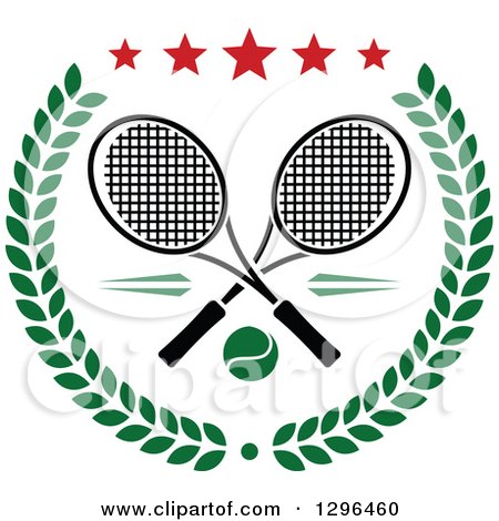 Clipart of a Green Wreath with Crossed Rackets, a Tennis Ball and Stars - Royalty Free Vector Illustration by Vector Tradition SM