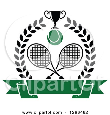 Clipart of a Wreath with Crossed Rackets, a Trophy, Tennis Ball and Blank Banner - Royalty Free Vector Illustration by Vector Tradition SM