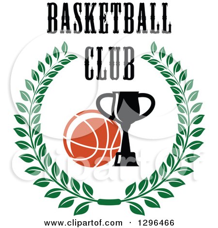 Clipart of a Basketball and Trophy in a Green Wreath with Text - Royalty Free Vector Illustration by Vector Tradition SM