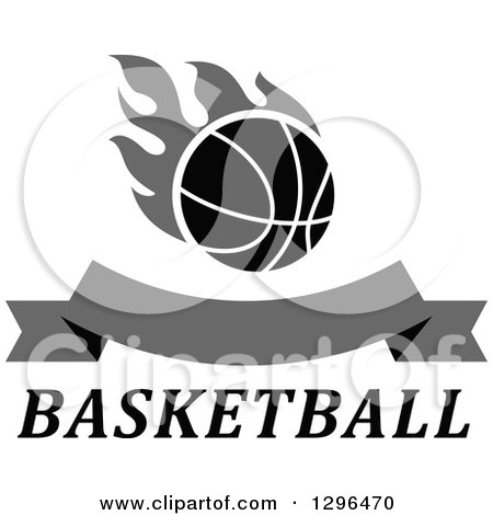 Clipart of a Grayscale Basketball with Flames and Blank Banner over Text - Royalty Free Vector Illustration by Vector Tradition SM