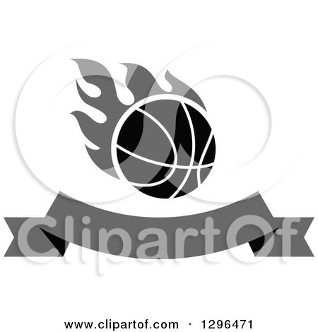 Clipart of a Grayscale Basketball with Flames and Blank Banner - Royalty Free Vector Illustration by Vector Tradition SM
