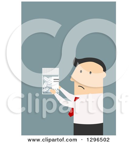 Clipart of a Flat Modern White Businessman Holding a Pill Bottle, over Blue - Royalty Free Vector Illustration by Vector Tradition SM