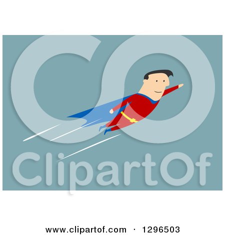 Clipart of a Flat Modern White Businessman Super Hero Flying, over Blue - Royalty Free Vector Illustration by Vector Tradition SM