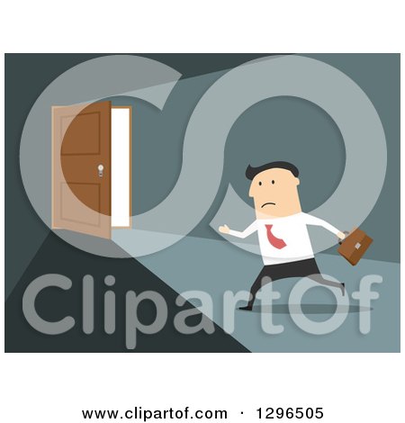 Clipart of a Flat Modern White Businessman Running to an Open Door, over Blue - Royalty Free Vector Illustration by Vector Tradition SM