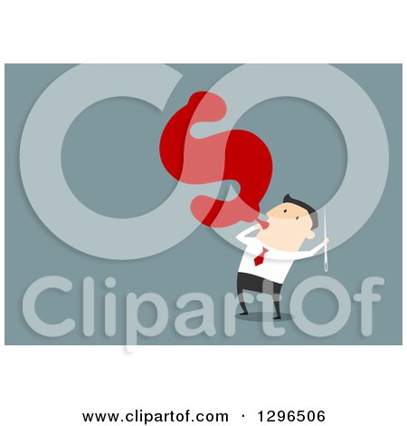 Clipart of a Flat Modern White Businessman Blowing up a Dollar Balloon, over Blue - Royalty Free Vector Illustration by Vector Tradition SM