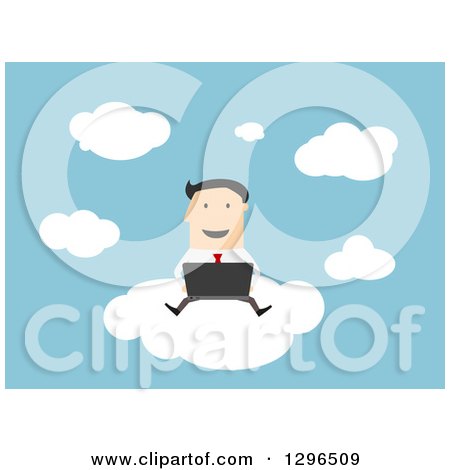 Clipart of a Flat Modern White Businessman Using a Laptop on a Cloud, over Blue - Royalty Free Vector Illustration by Vector Tradition SM