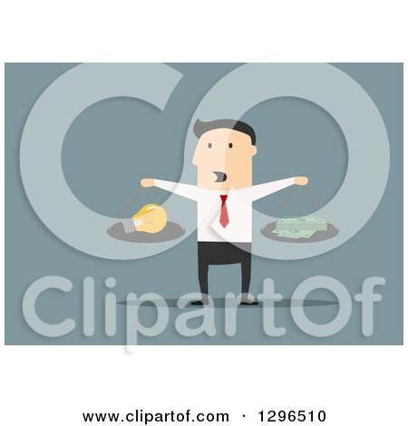 Clipart of a Flat Modern White Businessman Weighing Money and a Light Bulb, over Blue - Royalty Free Vector Illustration by Vector Tradition SM