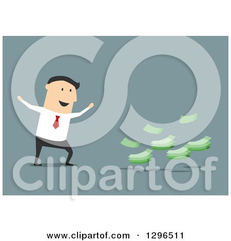 Clipart of a Flat Modern White Businessman Cheering by Cash Money, over Blue - Royalty Free Vector Illustration by Vector Tradition SM