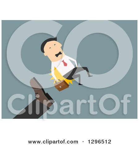 Clipart of a Flat Modern White Businessman Being Kicked and Fired, over Blue - Royalty Free Vector Illustration by Vector Tradition SM