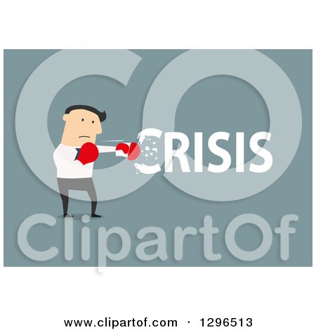 Clipart of a Flat Modern White Businessman Punching out a Crisis, over Blue - Royalty Free Vector Illustration by Vector Tradition SM