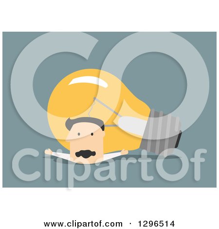 Clipart of a Flat Modern White Businessman Being Crushed by a Light Bulb, over Blue - Royalty Free Vector Illustration by Vector Tradition SM