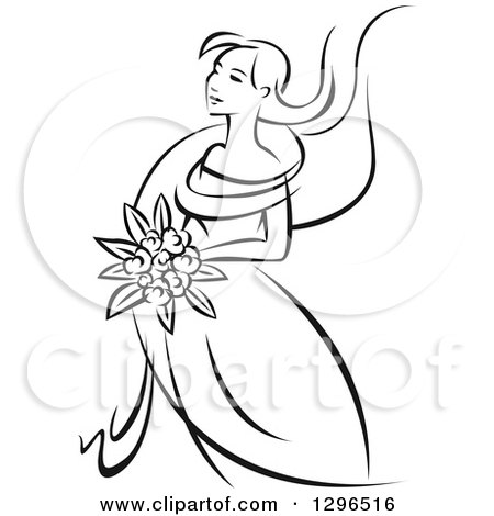 Clipart of a Sketched Black and White Bride Holding a Bouquet of Flowers and Facing Left 4 - Royalty Free Vector Illustration by Vector Tradition SM
