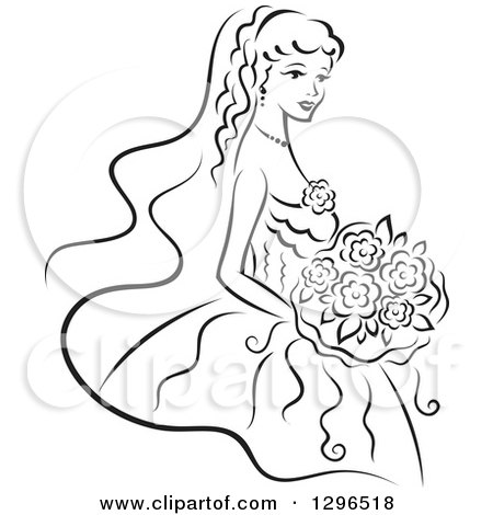 Clipart of a Sketched Black and White Bride Holding a Bouquet of Flowers and Facing Right 2 - Royalty Free Vector Illustration by Vector Tradition SM