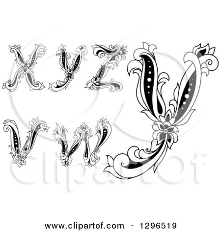 Clipart of Black and White Vintage Lowercase Floral Letters V, W, X, Y and Z - Royalty Free Vector Illustration by Vector Tradition SM