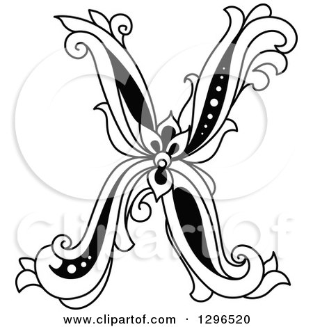 Clipart of a Black and White Vintage Lowercase Floral Letter X - Royalty Free Vector Illustration by Vector Tradition SM