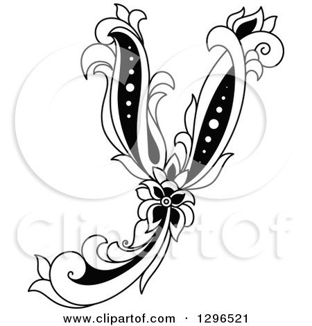 Clipart of a Black and White Vintage Lowercase Floral Letter Y - Royalty Free Vector Illustration by Vector Tradition SM