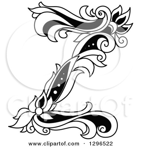 Clipart of a Black and White Vintage Lowercase Floral Letter Z - Royalty Free Vector Illustration by Vector Tradition SM