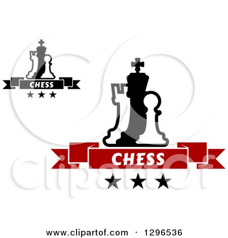 Clipart of Black and White Chess Piece Pawns, Kings and Rooks Wita Text Banners over Stars - Royalty Free Vector Illustration by Vector Tradition SM