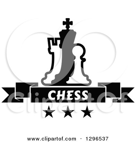 Clipart of a Black and White Chess Piece Pawn, King and Rook with a Text Banner over Stars - Royalty Free Vector Illustration by Vector Tradition SM