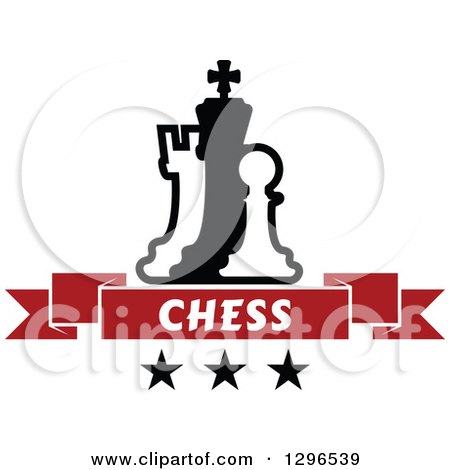 Clipart of a Black and White Chess Piece Pawn, King and Rook with a Red Text Banner over Stars - Royalty Free Vector Illustration by Vector Tradition SM