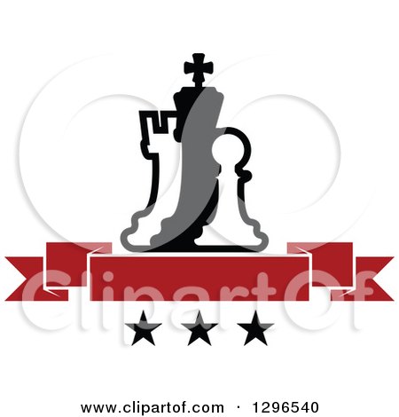Clipart of a Black and White Chess Piece Pawn, King and Rook with a Red Blank Banner over Stars - Royalty Free Vector Illustration by Vector Tradition SM