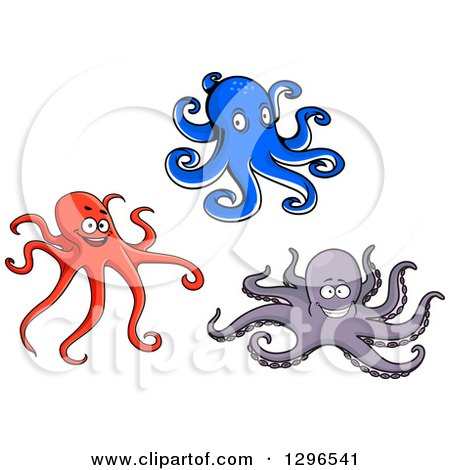 Clipart of Cartoon Blue Red and Purple Octopuses - Royalty Free Vector Illustration by Vector Tradition SM