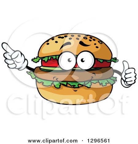 Clipart of a Cartoon Hamburger Character Giving a Thumb up and Pointing - Royalty Free Vector Illustration by Vector Tradition SM