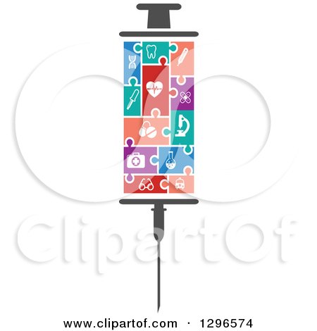 Clipart of a Syringe Made of Colorful Medical Puzzle Pieces - Royalty Free Vector Illustration by Vector Tradition SM