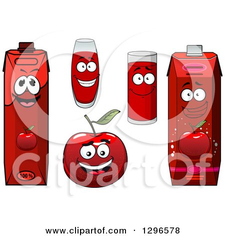 Clipart of a Happy Red Apple Character and Juice Cartons and Cups - Royalty Free Vector Illustration by Vector Tradition SM