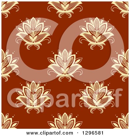 Clipart of a Seamless Pattern Background of Yellow Lotus Henna Flowers on Rust Brown - Royalty Free Vector Illustration by Vector Tradition SM