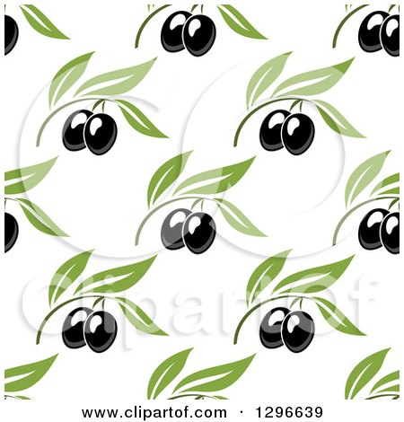 Clipart of a Seamless Background Pattern of Black Olives and Green Leaves 2 - Royalty Free Vector Illustration by Vector Tradition SM