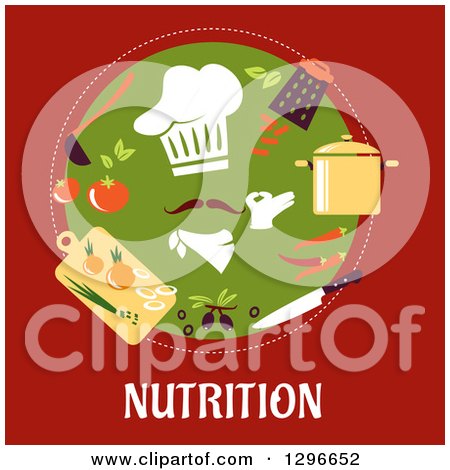 Clipart of a Circle of a Chefs Hat and Hand with Food in a Circle over Red and Text - Royalty Free Vector Illustration by Vector Tradition SM
