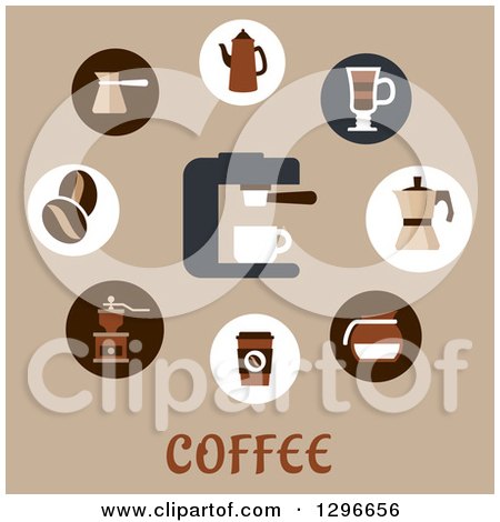 Clipart of Coffee Beans, Pots, Cups and Grinders over Text on Tan - Royalty Free Vector Illustration by Vector Tradition SM