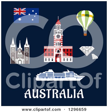 Clipart of Australian Flag, Item and Landmarks with Text on Blue - Royalty Free Vector Illustration by Vector Tradition SM