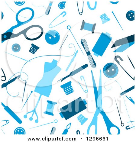 Clipart of a Seamless Background Pattern of Blue Sewing Accessories on White - Royalty Free Vector Illustration by Vector Tradition SM