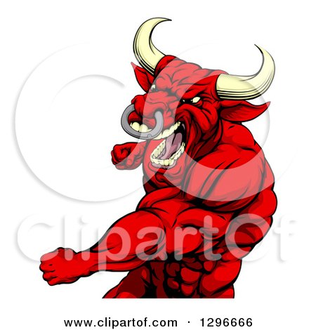 Clipart of a Roaring Muscular Red Bull Man or Minotaur Mascot Punching - Royalty Free Vector Illustration by AtStockIllustration