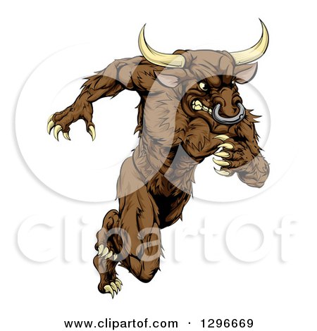 Clipart of a Muscular Aggressive Brown Bull Man Monster Sprinting Upright - Royalty Free Vector Illustration by AtStockIllustration