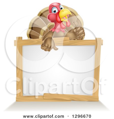 Clipart of a Cute Turkey Bird Giving a Thumb up over a Sign - Royalty Free Vector Illustration by AtStockIllustration