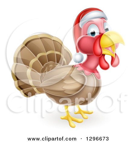 Clipart of a Cute Christmas Turkey Bird Facing Right and Wearing a Santa Hat - Royalty Free Vector Illustration by AtStockIllustration