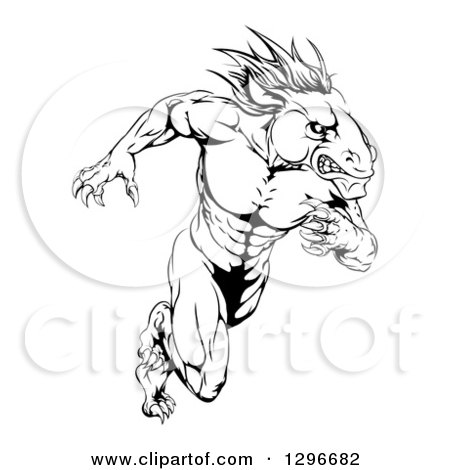 Clipart of a Muscular Aggressive Black and White Stallion Horse Man Running - Royalty Free Vector Illustration by AtStockIllustration