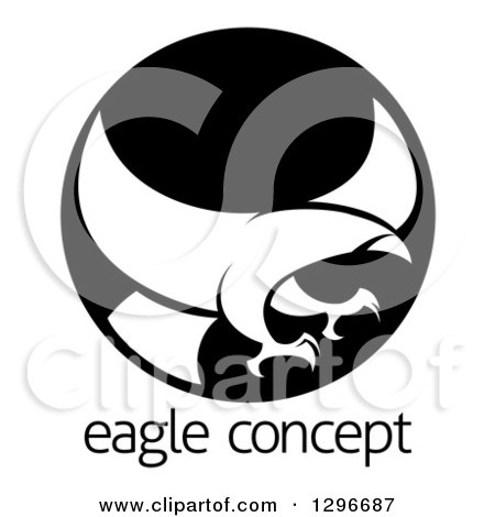 Clipart of a White Silhouetted Eagle or Hawk Reading to Grab Prey in a Black Circle over Sample Text - Royalty Free Vector Illustration by AtStockIllustration