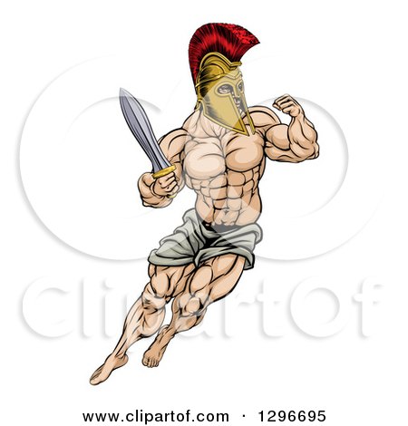 Clipart of a Muscular Gladiator Gladiator Man in a Helmet Fighting with a Sword - Royalty Free Vector Illustration by AtStockIllustration
