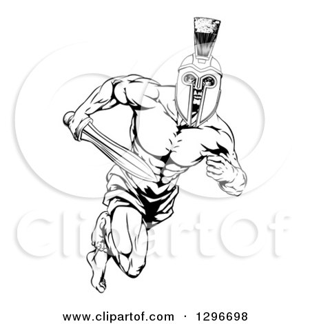 Clipart of a Black and White Muscular Gladiator Man in a Helmet Sprinting with a Sword - Royalty Free Vector Illustration by AtStockIllustration