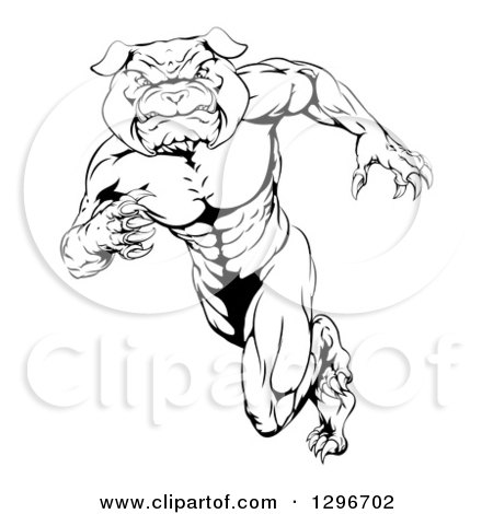 Clipart of a Black and White Muscular Tough Bulldog Man Mascot Sprinting Upright to the Left - Royalty Free Vector Illustration by AtStockIllustration