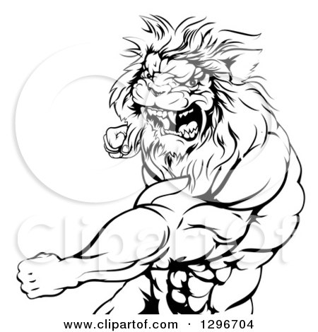 Clipart of a Black and White Tough Angry Muscular Lion Man Punching and Roaring - Royalty Free Vector Illustration by AtStockIllustration
